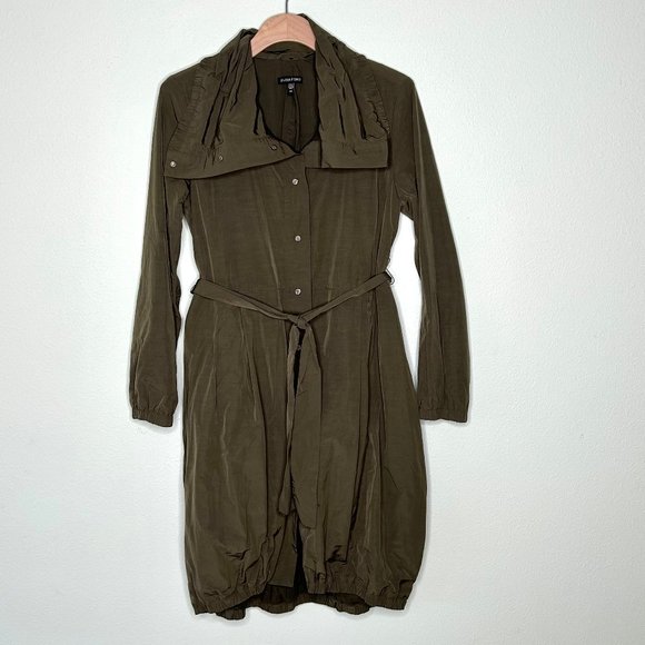 Eileen Fisher Bubble Hem Funnel Neck Belted Trench Coat Jacket Olive Size XS - Picture 7 of 13